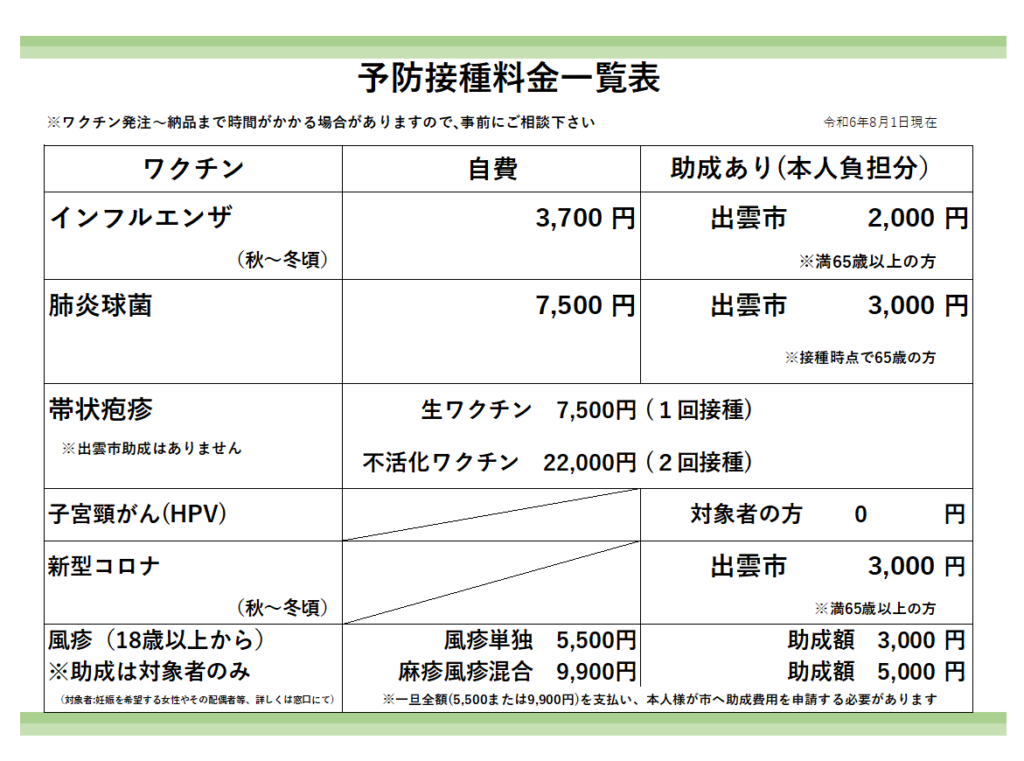 2024.8～予防接種料金